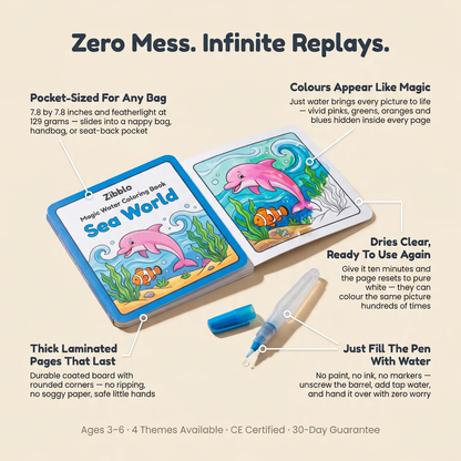 Zibblo Magic Water Coloring Book — Reusable Mess-Free Painting Toy for Kids