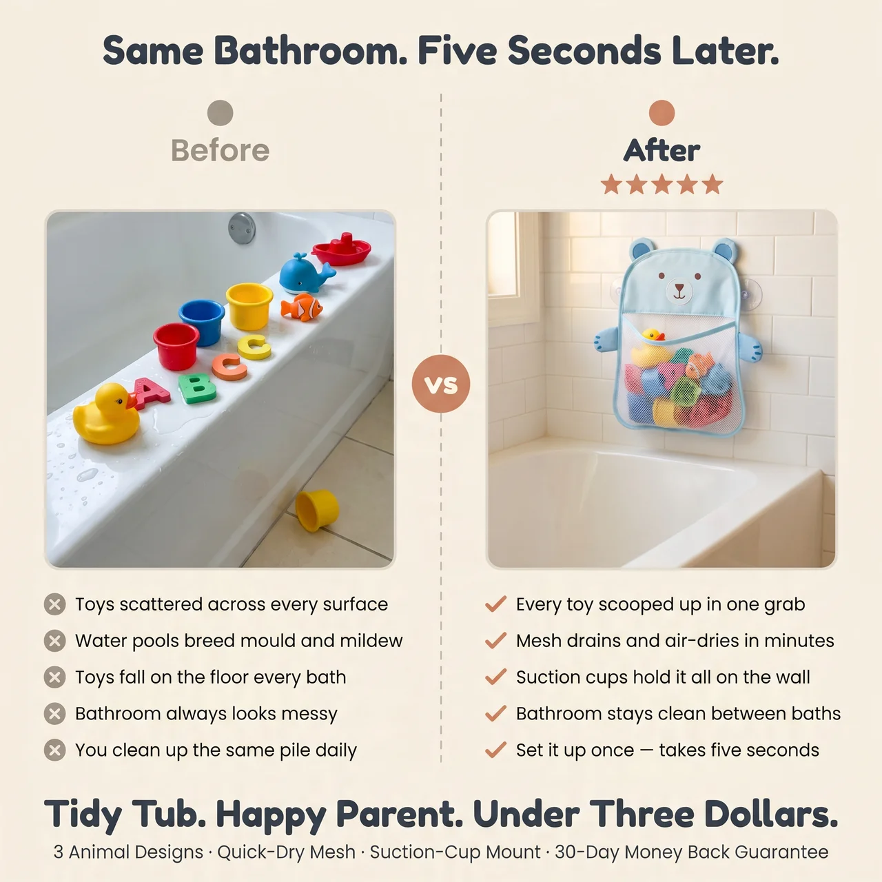 Zibblo Mesh Bath Toy Organizer — Quick-Dry Bathtub Storage Bag with Hooks