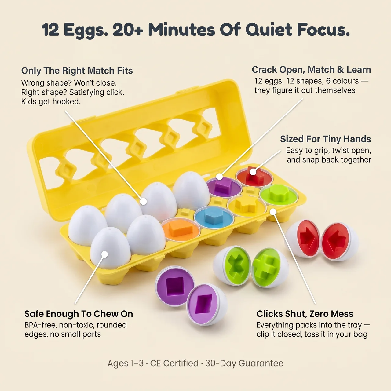 Zibblo Montessori Geometric Eggs — Shape Matching & Color Sorting Toy for Toddlers