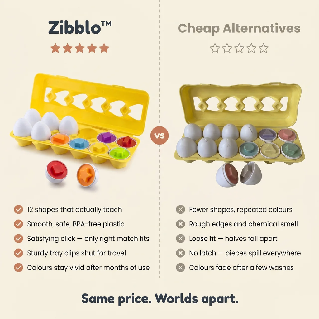 Zibblo Montessori Geometric Eggs — Shape Matching & Color Sorting Toy for Toddlers